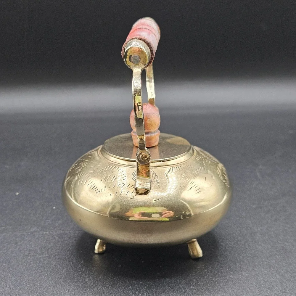 Vintage Etched Brass Miniature Teapot Tripod Feet Wood Handle Decorative 4.5in